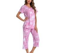 ENJOYNIGHT Womens Pyjama Sets Cotton Nightwear Short Sleeve Tops and Cropped Trousers Pjs Set Soft Loungewear (Medium,Tie-dye-Pink)