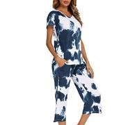 ENJOYNIGHT Womens Pyjama Sets Cotton Nightwear Short Sleeve Tops and Cropped Trousers Pjs Set Soft Loungewear (Medium,Tie-dye-Navy)
