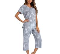 ENJOYNIGHT Womens Pyjama Sets Cotton Nightwear Short Sleeve Tops and Cropped Trousers Pjs Set Soft Loungewear (X-Large,Tie-dye-Grey)