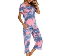 ENJOYNIGHT Womens Pyjama Sets Cotton Nightwear Short Sleeve Tops and Cropped Trousers Pjs Set Soft Loungewear (Large,Tie-dye-Blue Pink)