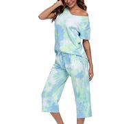 ENJOYNIGHT Womens Pyjama Sets Cotton Nightwear Short Sleeve Tops and Cropped Trousers Pjs Set Soft Loungewear (Medium,Tie-dye-Blue)