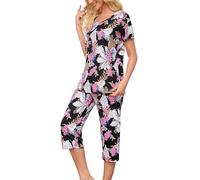 ENJOYNIGHT Womens Pyjama Sets Cotton Nightwear Short Sleeve Tops and Cropped Trousers Pjs Set Soft Loungewear (XX-Large,Pink Floral)