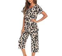 ENJOYNIGHT Womens Pyjama Sets Cotton Nightwear Short Sleeve Tops and Cropped Trousers Pjs Set Soft Loungewear (3X-Large,Light Leopard)