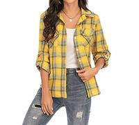 Enjoyoself 100% Cotton Women Flannel Plaid Shirt Blouse Long Sleeve Button Down Boyfriend Casual Check Shirts Classic Tops Yellow