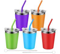 EnjoyThink 5 Pack Kids Stainless Steel Cups with Lids and Straws, 12oz Iced Coffee Cup, Unbreakable Slushie Cups, Kids Tumbler with Straw, Travel Mug Reusable Drinking Cup with for Cold Hot Drinks