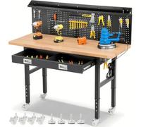 ENJOYWOOD 152cm Heavy Duty Rubber Workbench with Wheels for Garage, Height-Adjustable Work Table with Board, Drawers, Sockets for