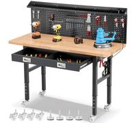 ENJOYWOOD Workbenches for Garage Work Bench with Wheels 60 Inch Adjustable Rubber Wood Top Garage Workbench with Drawers, Pegboard, Power Outlets for Woodworking, Home, Office, Workshop