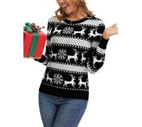 Enjyam Women Christmas Jumpers Festive Crew Neck Long Sleeve Pullover Sweater for Winter-Black/S