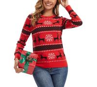 Enjyam Women Christmas Jumpers Festive Crew Neck Long Sleeve Pullover Sweater for Winter-Red/S