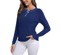 Enjyam Women Classic Crew Neck Jumpers with Button Colorblock Henley Neck Sweater for Autumn Winter-Sky Blue/XXL