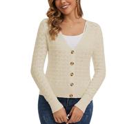 Enjyam Women V Neck Cardigans for Spring Autumn Long Sleeve Crochet Rib Knit Tops-Apricot/L