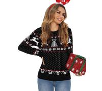 Enjyam Women's Christmas Sweaters Unisex Round Neck Knitted Pullover Winter Tops Happy New Year Jumpers Ideal Festival Gift-Women/Black-XXL