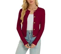 Enjyam Women's Crochet Knit Button Cardigan Long Sleeve Crew Neck Bolero Sweater Tops for Spring Autumn-Burgundy/L