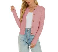 Enjyam Women's Crochet Knit Button Cardigan Long Sleeve Crew Neck Bolero Sweater Tops for Spring Autumn-Pink/S