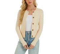 Enjyam Women's Crochet Knit Button Cardigan Long Sleeve Crew Neck Bolero Sweater Tops for Spring Autumn-Soft Beige/XXL