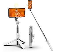 Enkarl Selfie Stick Tripod with Light, Portable Extendable 3 in 1 Stainless Steel Phone Tripod with Detachable Wireless Remote Stand Selfie Stick, Lightweight Compatible with Cellphones (White)