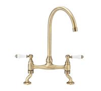 Enki Astbury Brushed Brass White Ceramic Traditional Kitchen Deck Mounted Long Swivel Spout Swan Neck Lever Bridge Sink Mixer Tap