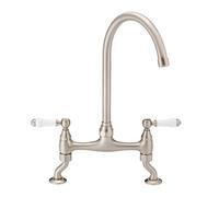 Enki Astbury Brushed Nickel White Ceramic Traditional Kitchen Brass Deck Mount Swivel Spout Swan Neck Lever Bridge Sink Mixer Tap