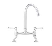 Enki Astbury Chrome White Ceramic Traditional Kitchen Brass Deck Mount Swivel Spout Swan Neck Lever Bridge Sink Worktop Mixer Tap