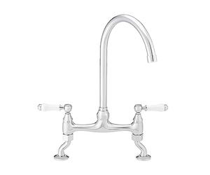 ENKI, Astbury, KT099, Deck Mounted Chrome, Kitchen Sink Mixer Tap, Featuring a Swivel Swan Neck Spout and Quarter Turn Ceramic White Levers, Solid Brass Construction, Traditional Design
