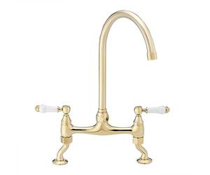 ENKI, Astbury, KT101, Deck Mounted Polished Gold, Kitchen Sink Mixer Tap, Featuring a Swivel Swan Neck Spout and Quarter Turn Ceramic Levers, Solid Brass Construction, Traditional Design