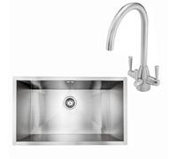 Enki Bali Chrome Silver Modern Kitchen Brushed Stainless Steel Solid Brass Handmade Rectangular Sink & Mixer Tap Set W/ Overflow