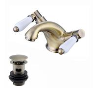 ENKI BBT0239 Downton Slotted Basin Mixer Tap, Antique Brass, Cloakroom