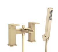 ENKI BBT0268 Plaza Waterfall Square Bath Shower Mixer Tap, Brushed Brass | Solid Brass, 10-Year Guarantee, Ceramic Disc Valve, Handset & Hose, Deck Mounted, Bathroom