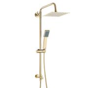 Enki Brushed Brass Modern Bathroom Adjustable Swivel Ball Joint Dual Outlet Shower Riser Rail Kit W/ Handset & Square Fixed Head