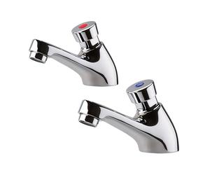 ENKI BT4006 Vision Ergo Non-Concussive Self-Closing Pillar Taps, Chrome | Solid Brass, Low Pressure Compatible, Easy Install, Fittings Included, 1-Year Guarantee, Hot & Cold Pair, Twin Taps, Bathroom