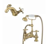 Enki Camberley Antique Brass Classic Bathroom Traditional Victorian Cross Handle Hot & Cold Water Basin Bath Shower Mixer Tap Pack