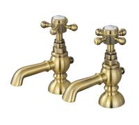Enki Camberley Antique Brass Classic Bathroom Traditional Victorian Cross Handle Hot & Cold Water Tall Pillar Basin Mixer Taps