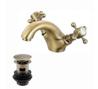 Enki Camberley Antique Brass Classic Bathroom Traditional Victorian Cross Handle Slotted Hot & Cold Basin Mixer Tap & Waste Trap