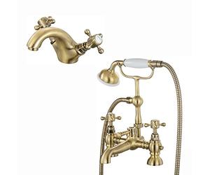 ENKI, Camberley, BBT0142, Antique Brass, Bathroom Basin Mixer Tap + Bath Shower Mixer Tap Pack, Traditional Cross Tap, Solid Brass, Easy Clean, Traditional Design, Easy to Install, 10-Year Guarantee