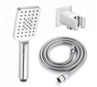 Enki Chrome Contemporary Bathroom Multi-Function Ergonomic Square Handheld Shower Head Mixer Flexible Hose & Bracket Holder Kit