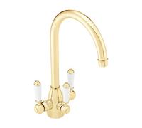Enki Cotswold Gold White Traditional Kitchen 3-Way Filter Swivel Spout Ceramic Levers Drip-Free Valve Hot & Cold Sink Mixer Tap