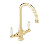Enki Dorchester English Gold White Classic Farmhouse Kitchen Solid Brass Ceramic Dual Flow Swivel Spout Easy Fix Sink Mixer Tap