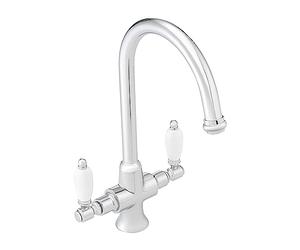 ENKI, Dorchester, KT041, Chrome Polished Brass Dual Flow Kitchen Sink Mixer Tap for Basin, with Twin White Levers Swivel Spout Perfect for Double Bowl Sinks, Easy Safe to use Drip Free Ceramic Valve
