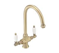 ENKI, Dorchester, KT059, Antique Oil Rubbed Bronze Dual Flow Kitchen Sink Mixer Tap for Basin, Twin White Levers Swivel Spout Perfect for Double Bowl Sinks, Easy Safe to use Drip Free Ceramic Valve