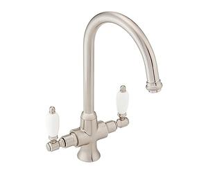 ENKI, Dorchester, KT060, Brushed Nickel Dual Flow Kitchen Sink Mixer Tap for Basin, with Twin White Levers Swivel Spout Perfect for Double Bowl Sinks, Easy and Safe to use Drip Free Ceramic Valve