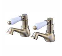 Enki Downton Antique Brass White Modern Traditional Bathroom Ceramic Hot & Cold Swivel Levers Drip-Free Pillar Basin Mixer Tap