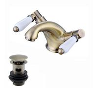 Enki Downton Antique Brass White Modern Traditional Bathroom Ceramic Monobloc Slotted Swivel Levers Basin Mixer Tap & Waste Trap