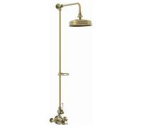 Enki Downton Antique Brass White Modern Traditional Bathroom Ceramic Thermostatic Twin Valve Mixer Tap & Shower Head (Diam) 200mm
