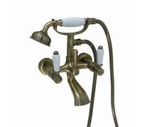 Enki Downton Antique Brass White Modern Traditional Bathroom Ceramic Wall Mounted Swivel Levers Round Shower Head Bath Mixer Tap
