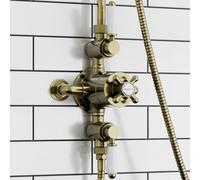 Enki Downton Antique Brass White Traditional Bathroom Ceramic Thermostatic Concentric 2-Outlet Triple Valve Crosshead Shower Mixer