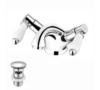 ENKI, Downton, BBT0236 Basin Mixer Tap with White Ceramic Levers Slotted Waste Chrome