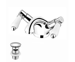 ENKI, Downton, BBT0236 Basin Mixer Tap with White Ceramic Levers Slotted Waste Chrome