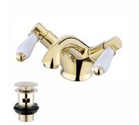 ENKI, Downton, BBT0237 Basin Mixer Tap with White Ceramic Levers Slotted Waste English Gold