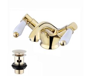 ENKI, Downton, BBT0237 Basin Mixer Tap with White Ceramic Levers Slotted Waste English Gold