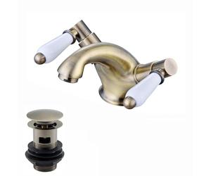 ENKI, Downton, BBT0239 Basin Mixer Tap with White Ceramic Levers Slotted Waste Antique Brass